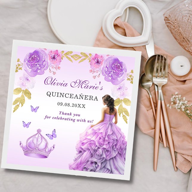 Elegant Blush Purple Floral Quinceañera Birthday Napkin (Creator Uploaded)