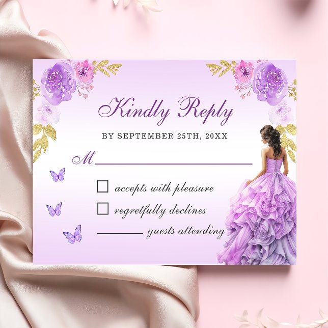 Elegant Blush Purple Floral Quinceañera RSVP Card (Creator Uploaded)