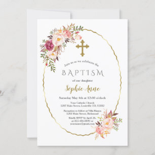 Elegant Blush Red Flowers Gold Girl Baptism Invitation