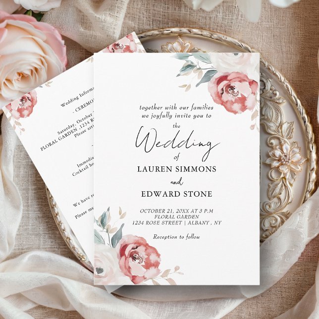Elegant Blush Red Ivory Roses All In One Wedding Invitation (Creator Uploaded)