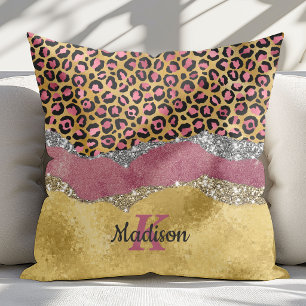 Elegant blush rose animal print glittery monogram cushion