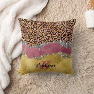 Elegant blush rose animal print glittery monogram cushion