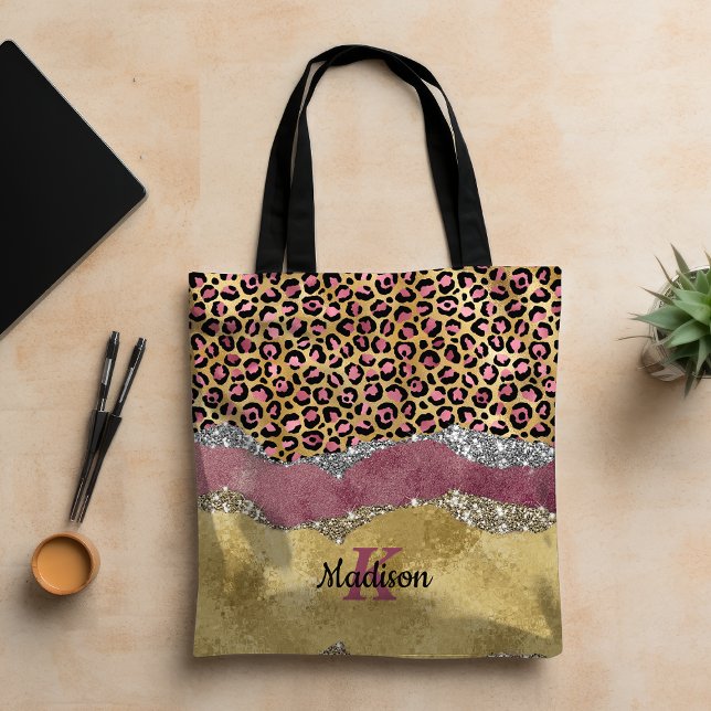 Elegant blush rose animal print glittery monogram tote bag (Creator Uploaded)