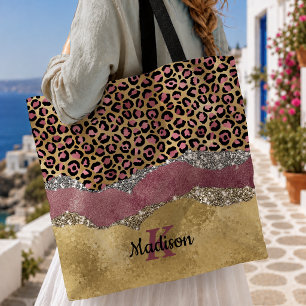 Elegant blush rose animal print glittery monogram tote bag
