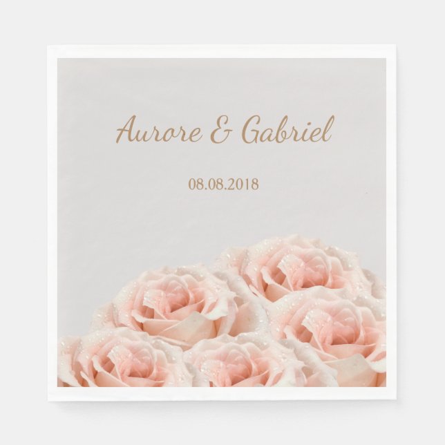 Elegant Blush Rose Bouquet Grey Gold Wedding Napkin (Front)