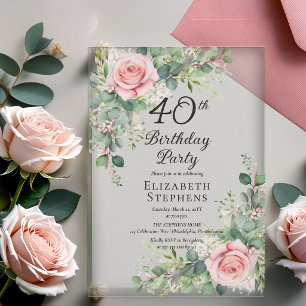 Elegant Blush Rose Eucalyptus 40th Birthday Party Acrylic Invitations