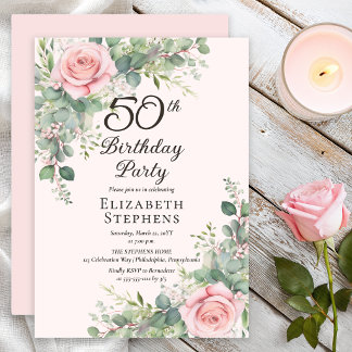 Elegant Blush Rose Eucalyptus 50th Birthday Party Invitation