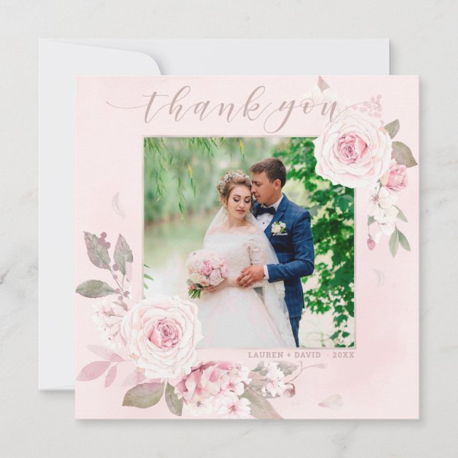 Elegant Blush Rose Floral Wedding Photo Thank You Card (Front)