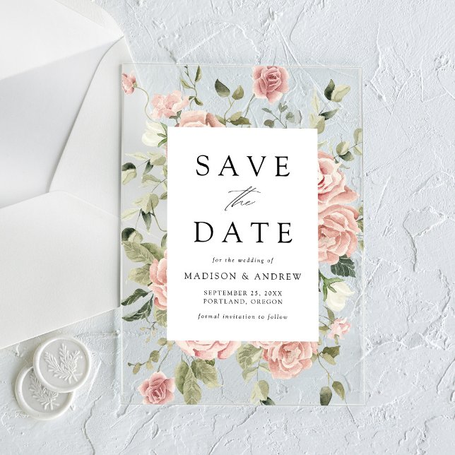 Elegant Blush Rose Garden Wedding Save the Date Acrylic Invitations (Creator Uploaded)