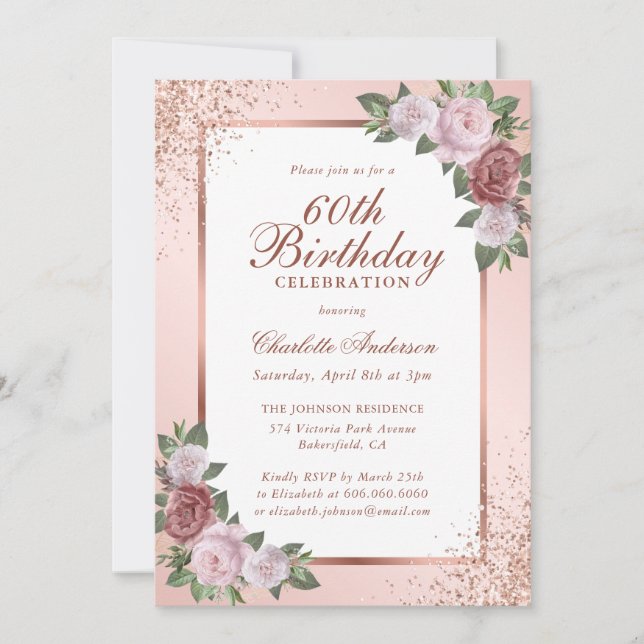 Elegant Blush Rose Gold Confetti 60th Birthday Invitation (Front)