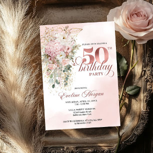 Elegant Blush Rose Gold Eucalyptus 50th Birthday Invitation