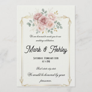 Elegant Blush Rose & Gold Frame Wedding Invitation