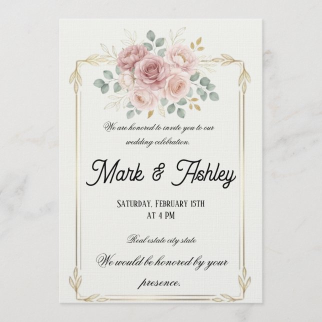 Elegant Blush Rose & Gold Frame Wedding Invitation (Front)