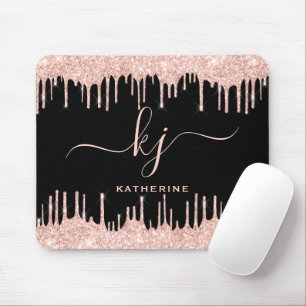 Elegant Blush Rose Gold Glitter Drips 2 Monogram Mouse Pad