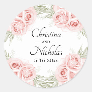 Elegant Blush Rose Pink Floral Wedding Classic Round Sticker