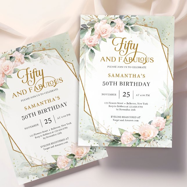 Elegant blush roses and eucalyptus and gold frame  invitation (Amazing blush roses mixed eucalyptus woven gold frame fifty and fabulous invitation)