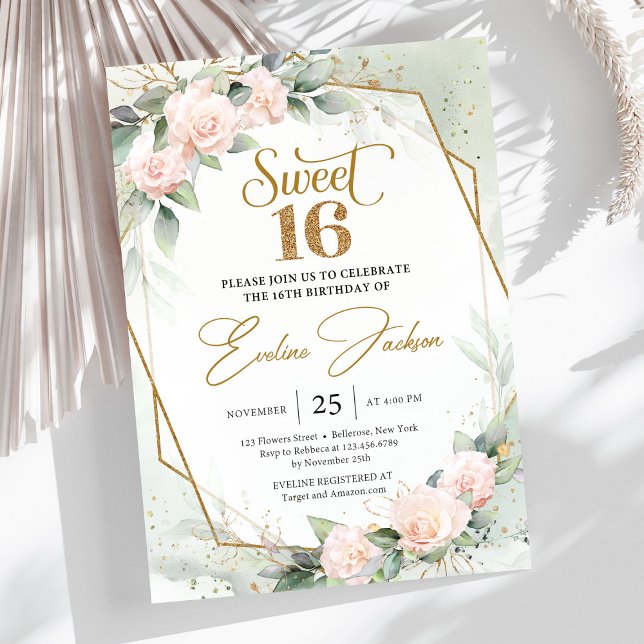 Elegant blush roses and eucalyptus gold glitter invitation (Soft pastel pink roses greenery and gold frame sweet sixteen invitation template )