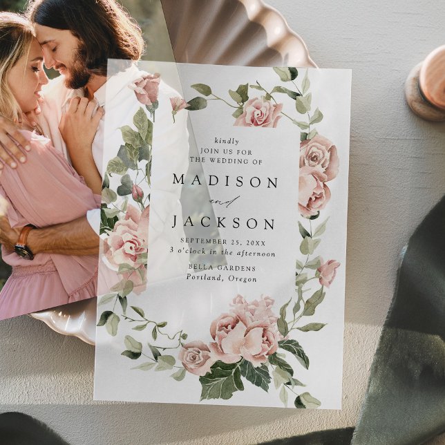 Elegant Blush Roses and Greenery Wedding Vellum Invitations (Creator Uploaded)