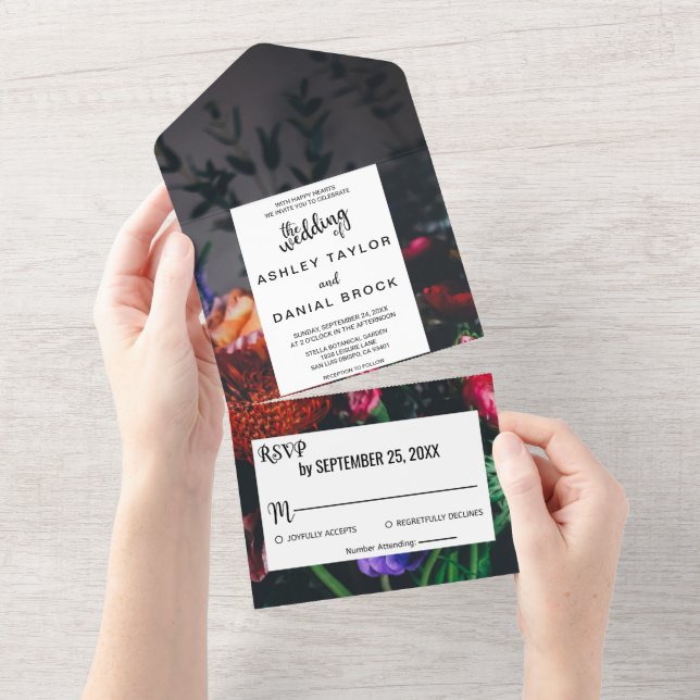 Elegant blush roses blossom red floral wedding all all in one invitation (Tearaway)