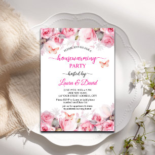 Elegant Blush Roses Butterflies Housewarming Party Invitation