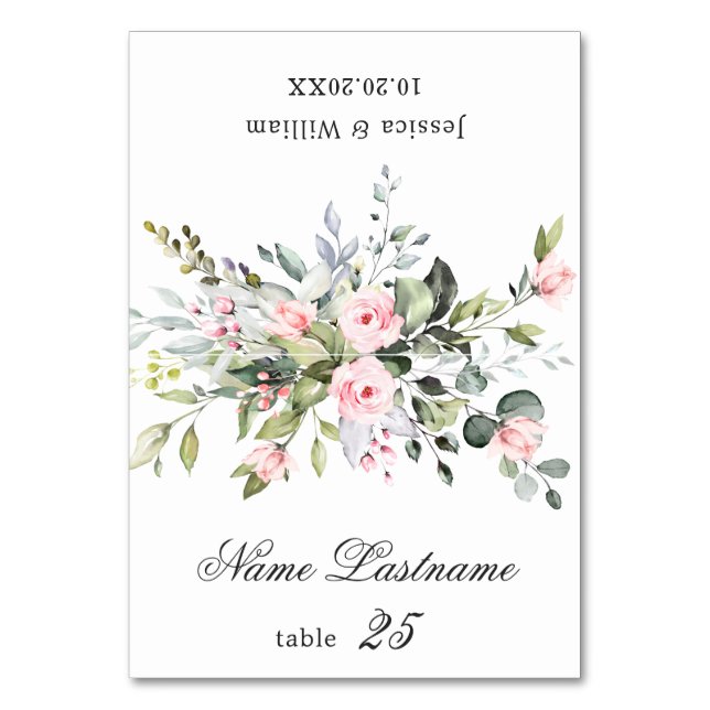 Elegant Blush Roses Eucalyptus Wedding Escort Card (Front)