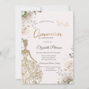 Elegant Blush Roses Glitter Girl Quinceañera Invitation