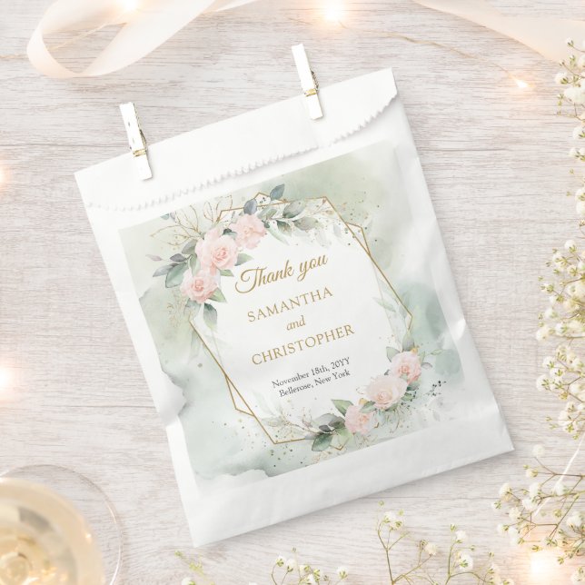 Elegant blush roses greenery and gold wedding favour bag (Clipped)