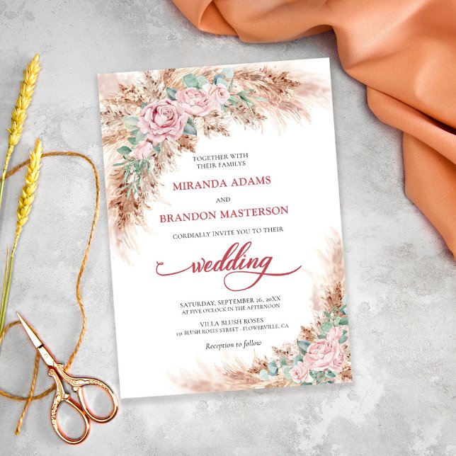 Elegant Blush Roses Pampas Grass Floral Wedding Invitation (Creator Uploaded)