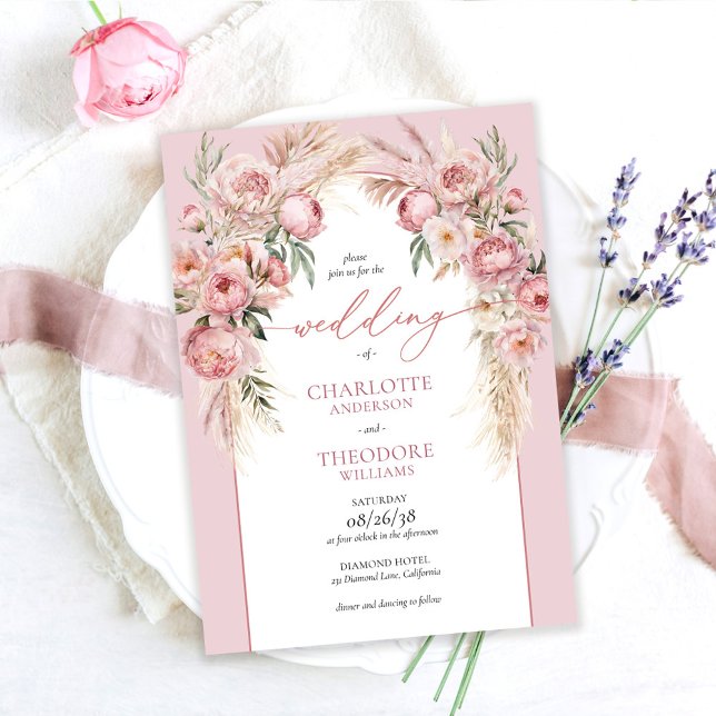 Elegant Blush Roses Pampas Grass Floral Wedding Invitation (Creator Uploaded)
