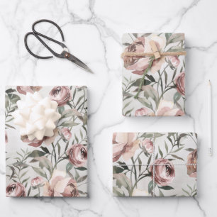 Elegant Blush Roses Ranunculus Vine Floral Wrapping Paper Sheet