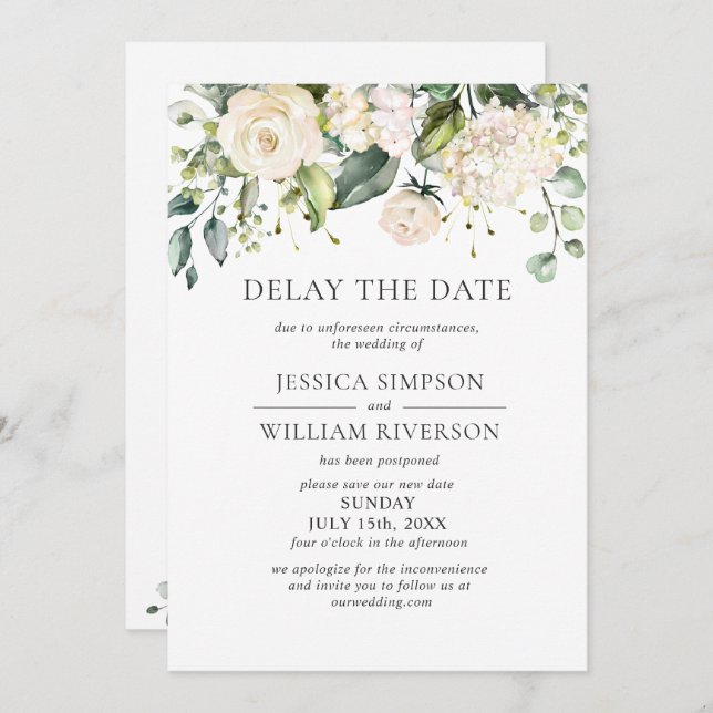 Elegant Blush Roses Wedding Date Postponement Invitation (Front/Back)
