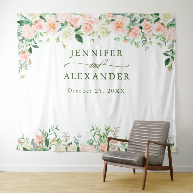 Elegant Blush Roses Wedding Photo Booth Backdrop Tapestry (In Situ (Horizontal))