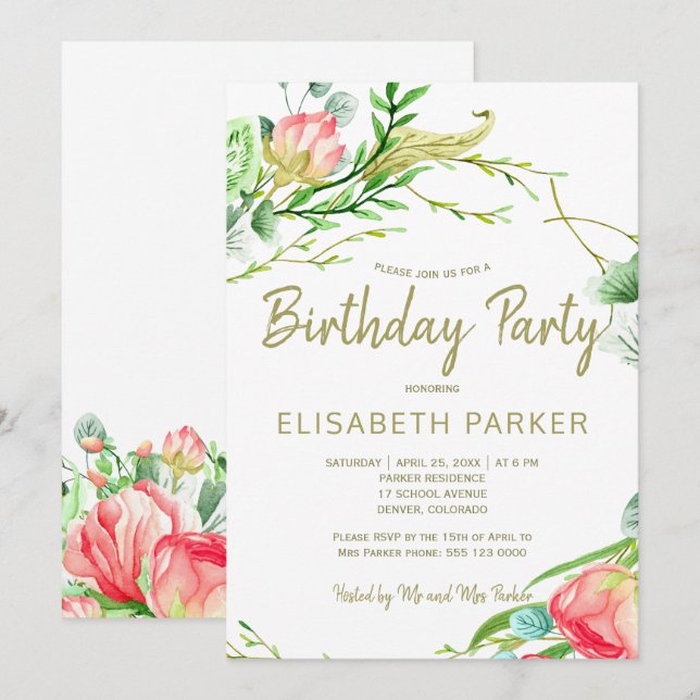 Elegant blush sage garden roses birthday party invitation (Front/Back)