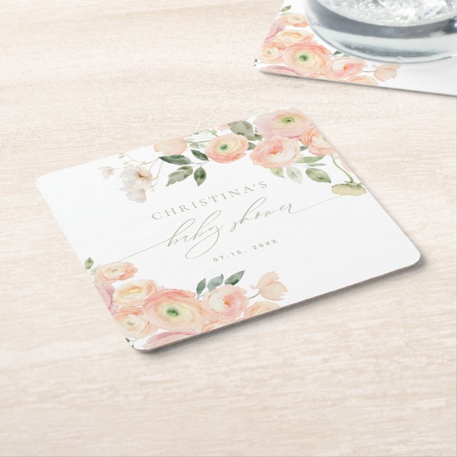 Elegant Blush & Sage Green Baby Shower  Square Paper Coaster (Angled)