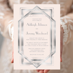 Elegant Blush Silver Vintage 1920s Deco Wedding Invitation