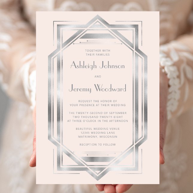 Elegant Blush Silver Vintage 1920s Deco Wedding Invitation (Creator Uploaded)