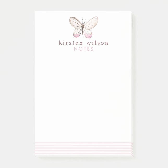 Elegant Blush Stripes & Butterfly Post-it Notes (Front)
