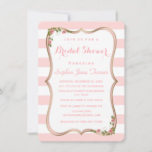Elegant Blush Stripes Gold Floral Bridal Shower Invitation