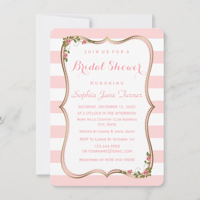 Elegant Blush Stripes Gold Floral Bridal Shower Invitation (Front)