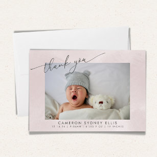 Elegant Blush Texture Script Baby Birth Two Photo Thank You Card