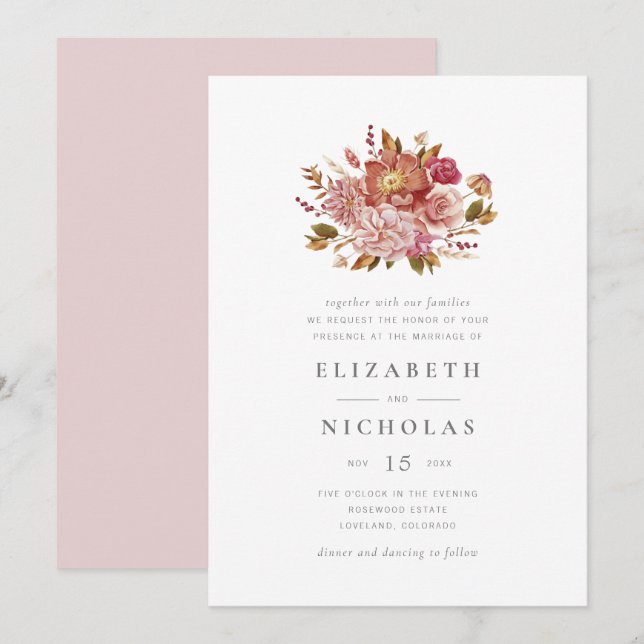 Elegant Blush Watercolor Floral Bouquet Wedding In Invitation (Front/Back)