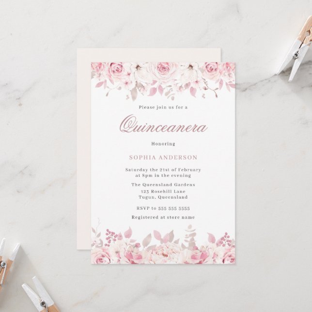 Elegant Blush Watercolor Floral Roses Quinceanera Invitation (Front/Back In Situ)