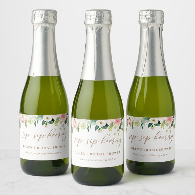 Elegant Blush Watercolor Floral Sip Sip Hooray Cha Sparkling Wine Label (Bottles)