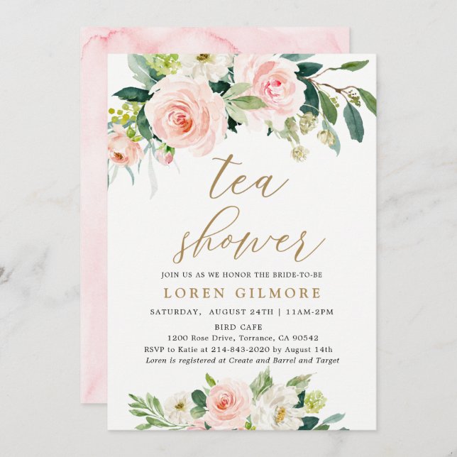 Elegant Blush Watercolor Floral Tea Shower Invitation (Front/Back)