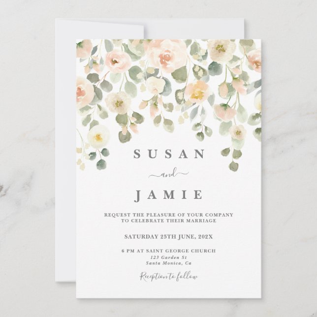 Elegant Blush Watercolor floral wedding invitation (Front)