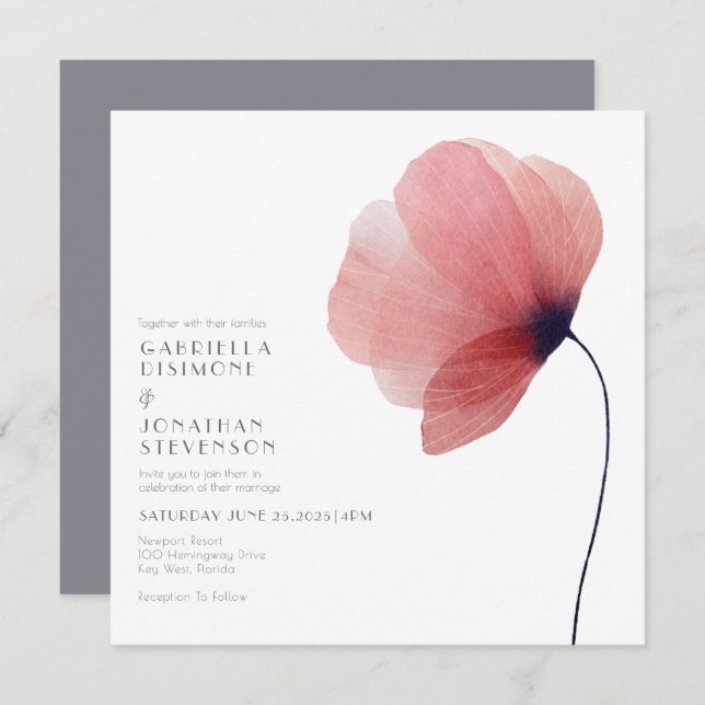 Elegant  Blush Watercolor Poppy Grey Wedding Invitation (Front/Back)