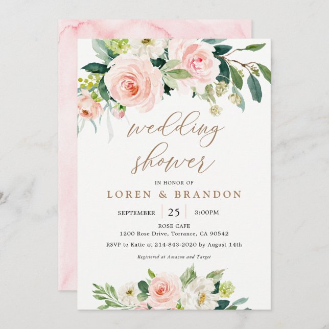 Elegant Blush Watercolor Wedding Shower Invitation (Front/Back)