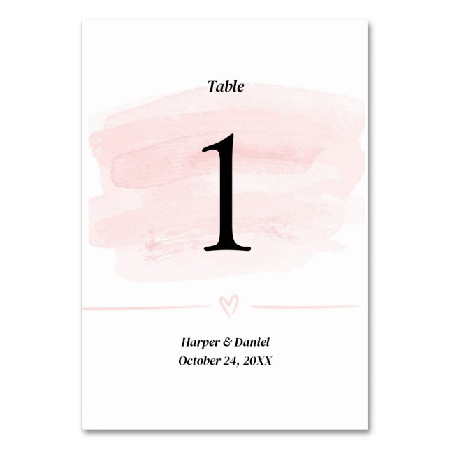 Elegant Blush Watercolor Wedding Table Number (Front)