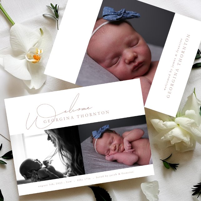 elegant blush welcome photo collage baby birth announcement (Creator Uploaded)