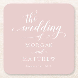 Elegant Blush & White Calligraphy Wedding Square Paper Coaster